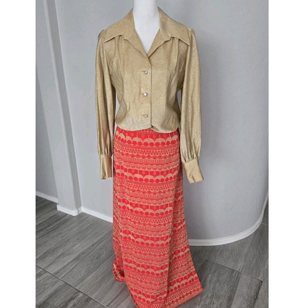 Vintage 1960s Mod Nelly De Grab NY Gold Metallic Blouse Maxi Skirt Set Sz 12